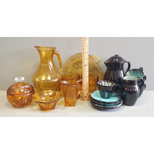 363 - 10 Piece Stoneware Coffee Set and 7 Pieces of Coloured Glass