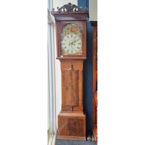 1 - Victorian Mahogany Long Case Grandfather Clock Painted Dial Face - Seasons.  with Weights & Pendulum