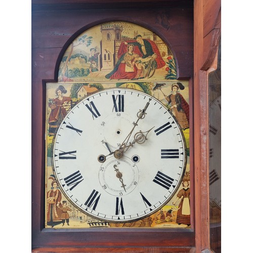 1 - Victorian Mahogany Long Case Grandfather Clock Painted Dial Face - Seasons.  with Weights & Pendulum