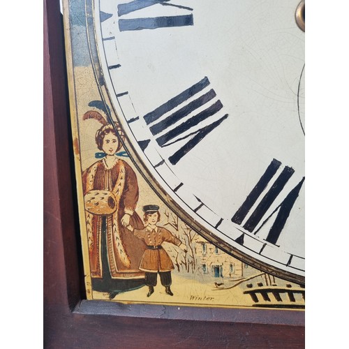 1 - Victorian Mahogany Long Case Grandfather Clock Painted Dial Face - Seasons.  with Weights & Pendulum