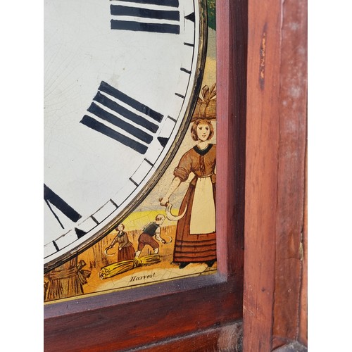 1 - Victorian Mahogany Long Case Grandfather Clock Painted Dial Face - Seasons.  with Weights & Pendulum