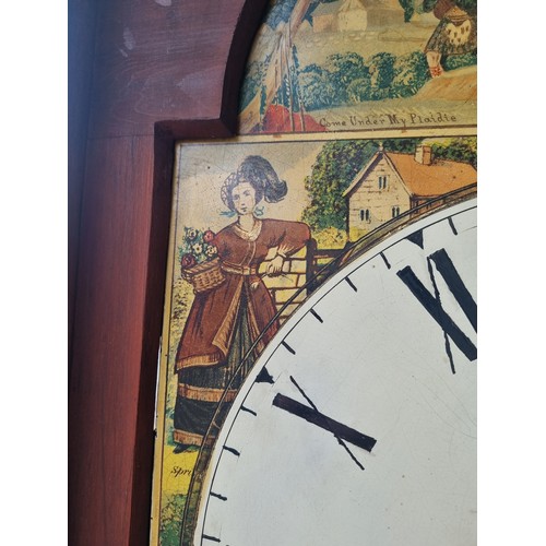 1 - Victorian Mahogany Long Case Grandfather Clock Painted Dial Face - Seasons.  with Weights & Pendulum