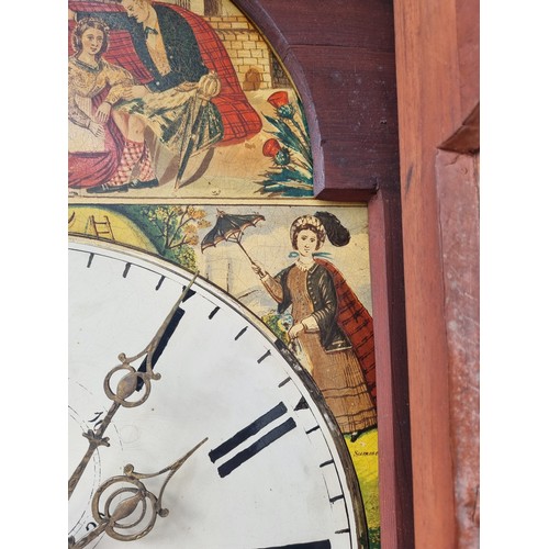 1 - Victorian Mahogany Long Case Grandfather Clock Painted Dial Face - Seasons.  with Weights & Pendulum