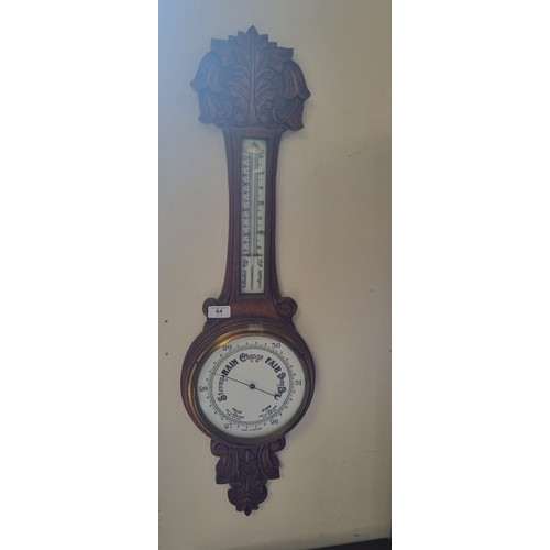 64 - Carved Oak Banjo Barometer, height 90cm x width 25cm (no glass)