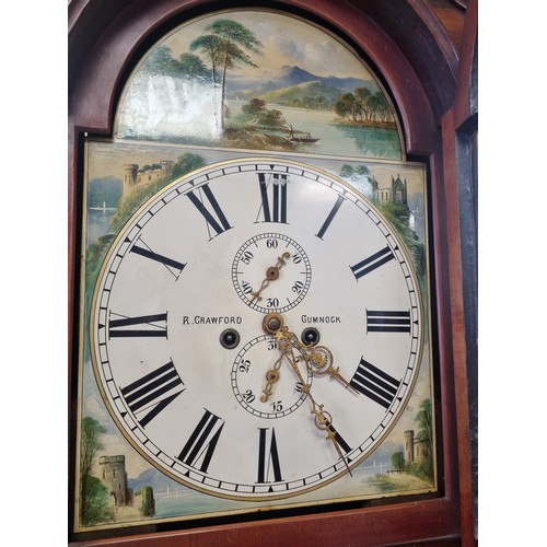 338 - Victorian Mahogany Grandfather Clock with painted dial face, pendulum and weights