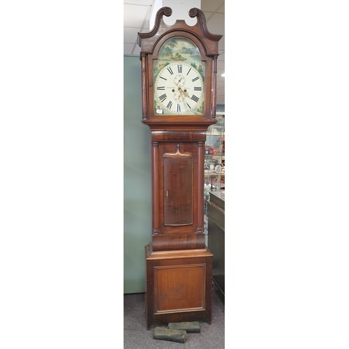 338 - Victorian Mahogany Grandfather Clock with painted dial face, pendulum and weights