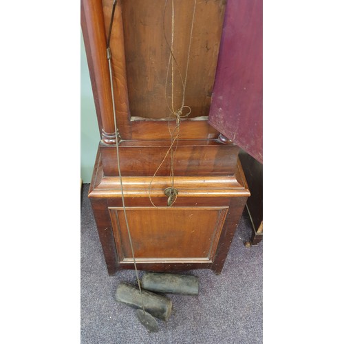 338 - Victorian Mahogany Grandfather Clock with painted dial face, pendulum and weights