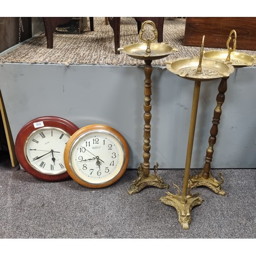 814 - Lot of 2 x Battery Clocks and 3 x Brass Ashtrays on Stands, Height: 67cm