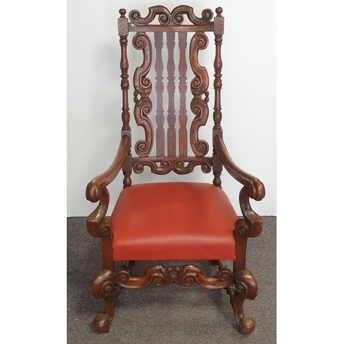 1 - Ornate Carved Armchair with Leather Seat, Height 122cm