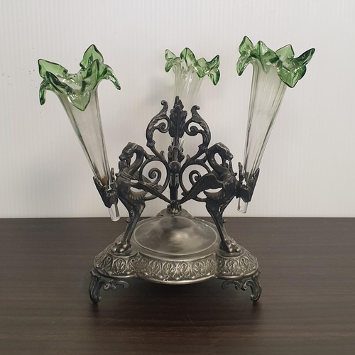 31 - Silver Plated and Glass Trefoil Vase with Dragon Design, H:25 x D:28cm approx. (some damage as pictu... 