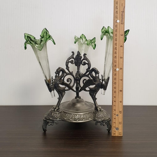 31 - Silver Plated and Glass Trefoil Vase with Dragon Design, H:25 x D:28cm approx. (some damage as pictu... 