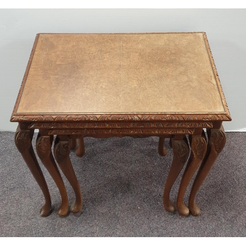 52 - Burr Walnut Nest of Three Tables with Glass Tops, H:60 x W:59 x D:38cm