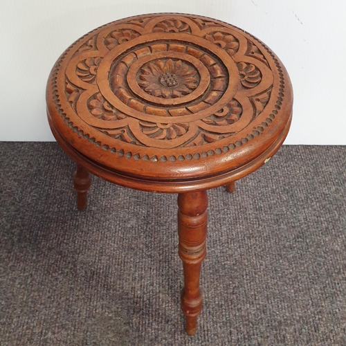 74 - Carved Milking Stool and Pokerwork Milking Stool, Largest H:35 x D:29cm