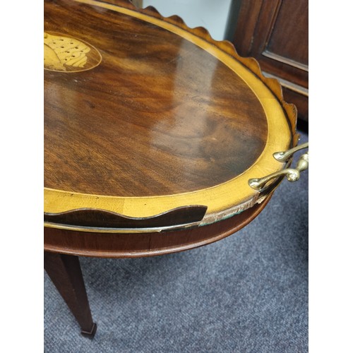 95 - Inlaid Tray Table with Brass Handles (small damage to edge), H:47 x W:87 x D:55cm