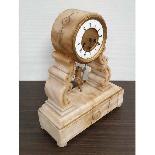 109 - Marble Mantel Clock with Key, H:35 x W:28 x D:12cm