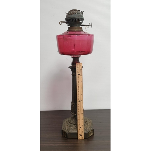 153 - Ruby Glass Oil Lamp, Height 52cm