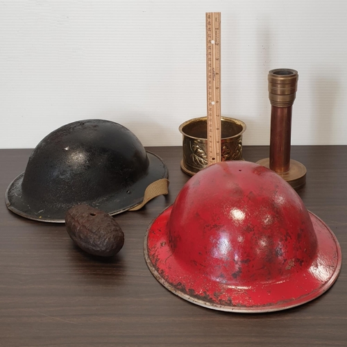 217 - Two World War Helmets, Practice Grenade and Two Pieces of Trench Art