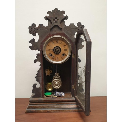 221 - American Style Mantle Clock with Key, H:57 x W:37cm