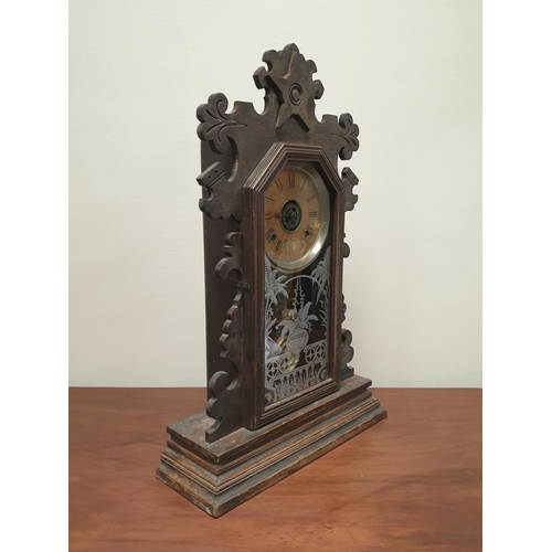 221 - American Style Mantle Clock with Key, H:57 x W:37cm