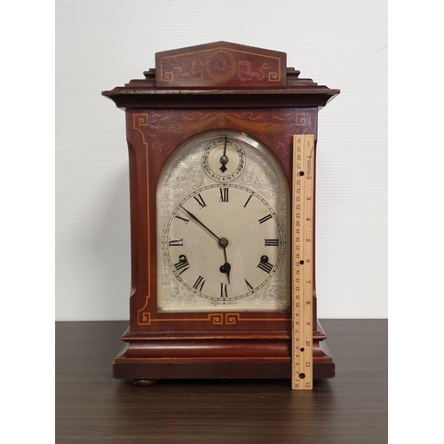 226 - Silver Dial Mahogany Inlaid Bracket Clock. Chiming Movement, Three Winding Holes.