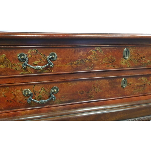 227 - Two Drawer Chinese Style Chest on Ball and Claw Feet, H:73 x W:112 x D:48cm