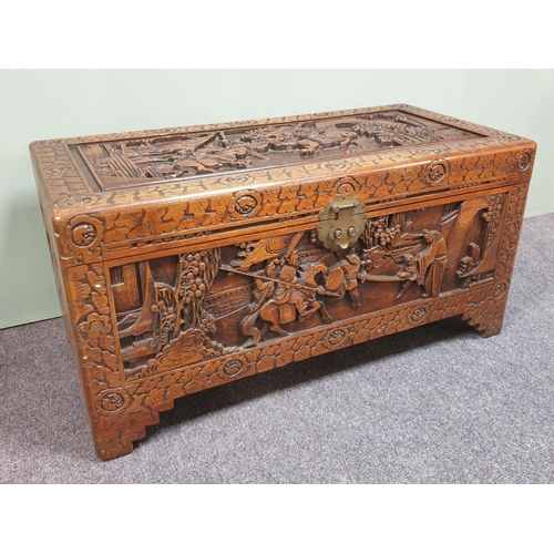 310 - Camphorwood Carved Blanket Box, H:46 x W:91 x D:45cm