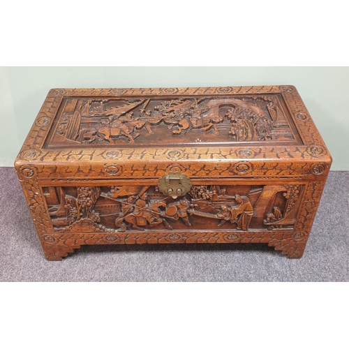 310 - Camphorwood Carved Blanket Box, H:46 x W:91 x D:45cm