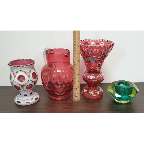 334 - Lot of 4x Pieces of Coloured Glass to include Ruby Glass Jug