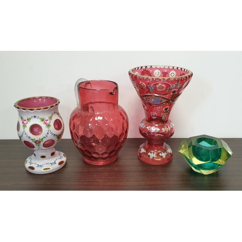 334 - Lot of 4x Pieces of Coloured Glass to include Ruby Glass Jug