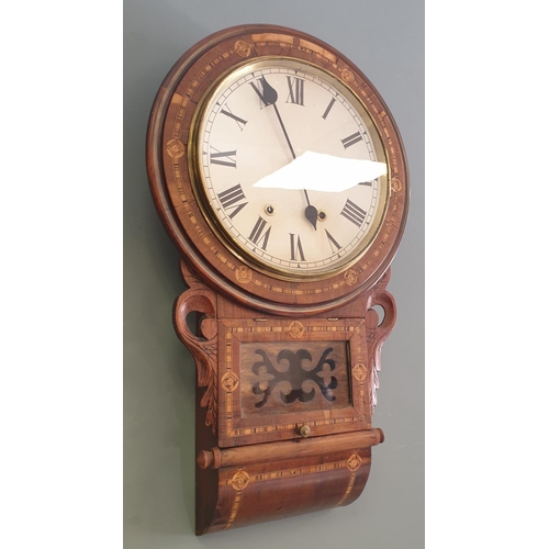 339 - Antique Inlaid Drop Dial Wall Clock with Pendulum and Key, H:75 x W:42cm