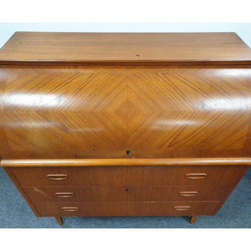 345 - Teak Mid Century Cylindrical Writing Bureau, H:96 x W:90 x D:47cm