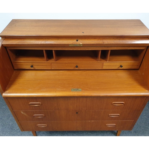 345 - Teak Mid Century Cylindrical Writing Bureau, H:96 x W:90 x D:47cm