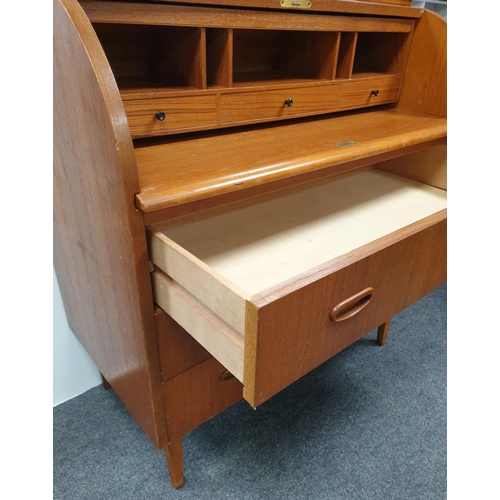 345 - Teak Mid Century Cylindrical Writing Bureau, H:96 x W:90 x D:47cm