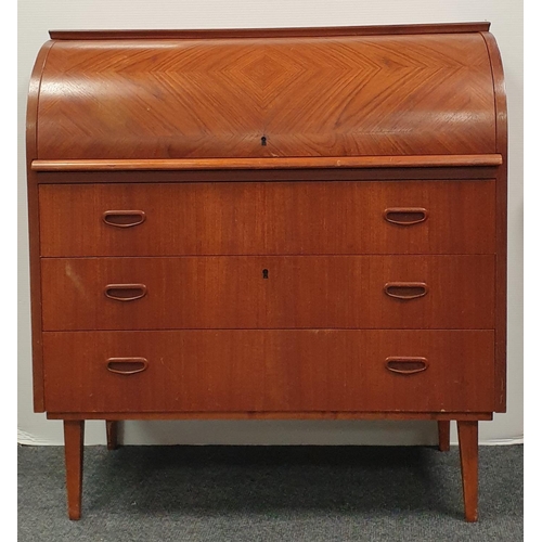 345 - Teak Mid Century Cylindrical Writing Bureau, H:96 x W:90 x D:47cm