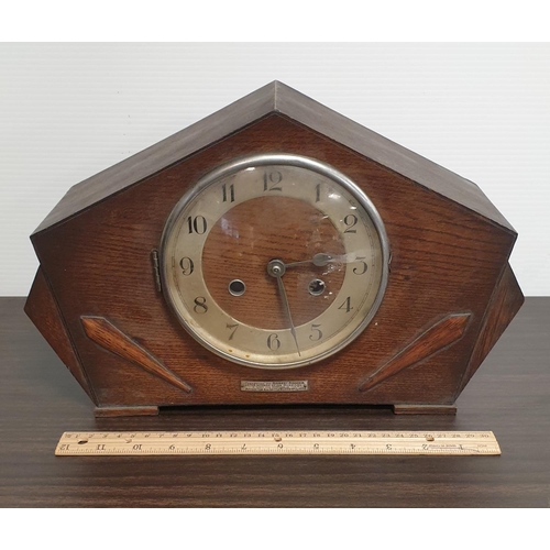 348 - Art Deco oak Mantel Clock, H:23 x W:38 x D:13cm