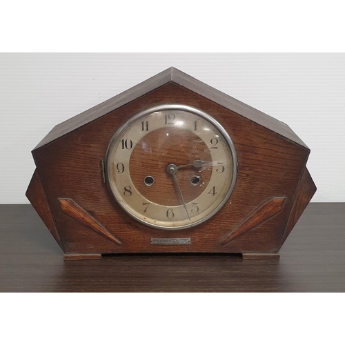 348 - Art Deco oak Mantel Clock, H:23 x W:38 x D:13cm