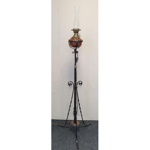 267 - Standard Lamp - Converted Copper Oil Lamp on Iron Tripod Base. H:137cm