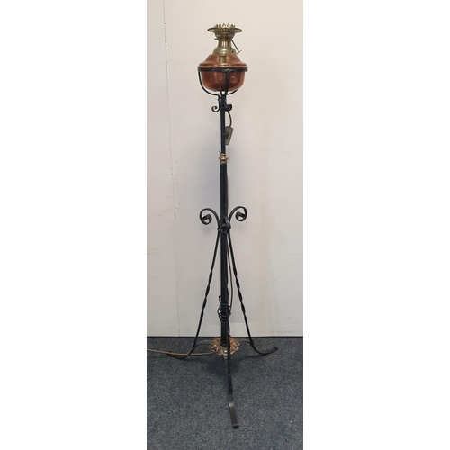 267 - Standard Lamp - Converted Copper Oil Lamp on Iron Tripod Base. H:137cm