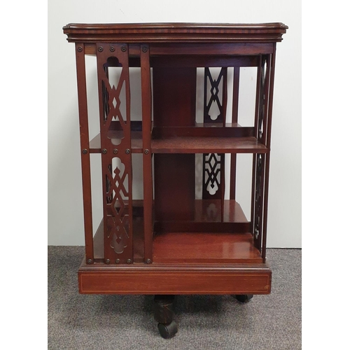 270 - Inlaid Revolving Bookcase with Fretwork Detail, H:81 x W:53 x D:54cm