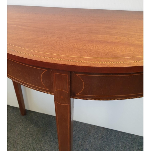 416 - Inlaid Half Moon Mahogany Hall Table, H:74 x W:90 x D:44cm