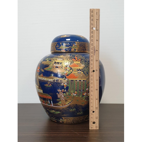 467 - Large Carlton Ware Ginger Jar with lid. Early 20th Century Cobalt Blue with Oriental Scene , H:25 x ... 