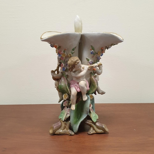 527 - Continental Porcelain Vase with Cherub Figures, Height 25cm, and Porcelain Candle Holder