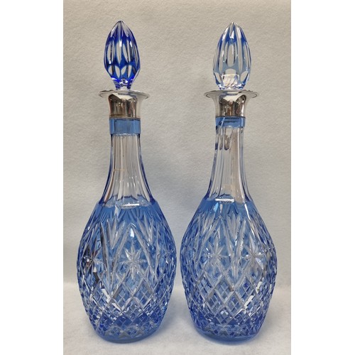 567 - Pair of Heavy Blue Cut Crystal Silver Top Decanters