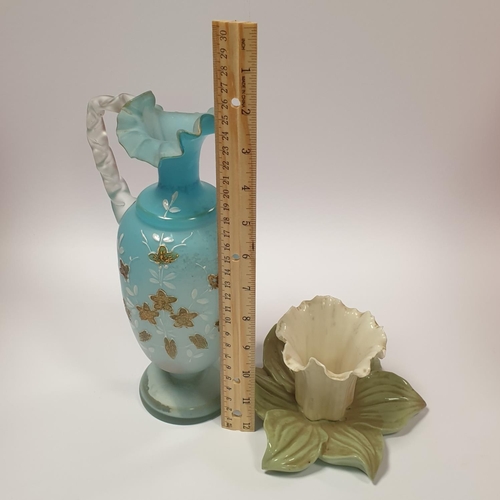 608 - Blue Glass Jug/Vase &  Royal Worcester Ornament