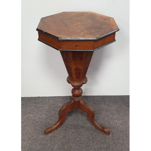 539 - Antique Walnut Inlaid Trumpet Sewing Box, H:72 x D:45cm