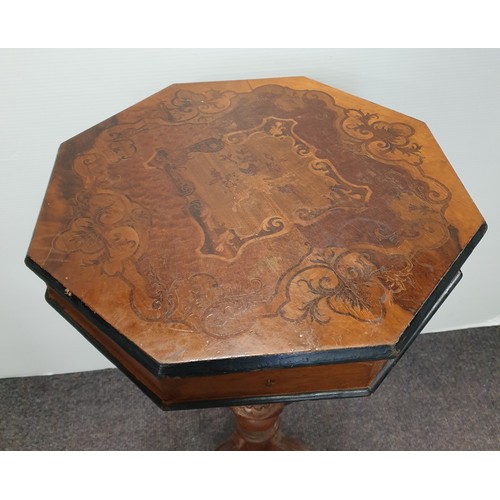 539 - Antique Walnut Inlaid Trumpet Sewing Box, H:72 x D:45cm