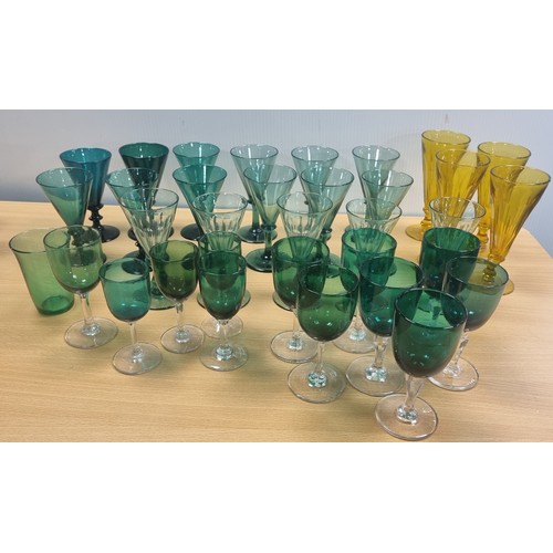 598 - Large Collection of Green Drinking Glasses and 4x Yellow