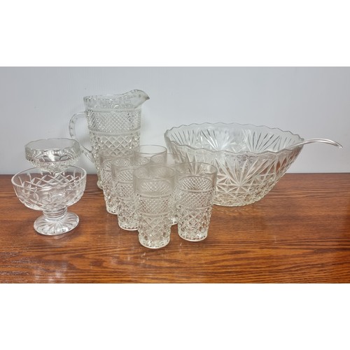 599 - Cut Glass Lemonade Set, Punch Bowl and 2x Dishes