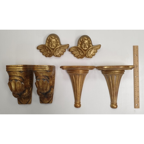 723 - Two Pairs of Gilt Wall Sconces and Pair of Gilt Cherub Wall Ornaments