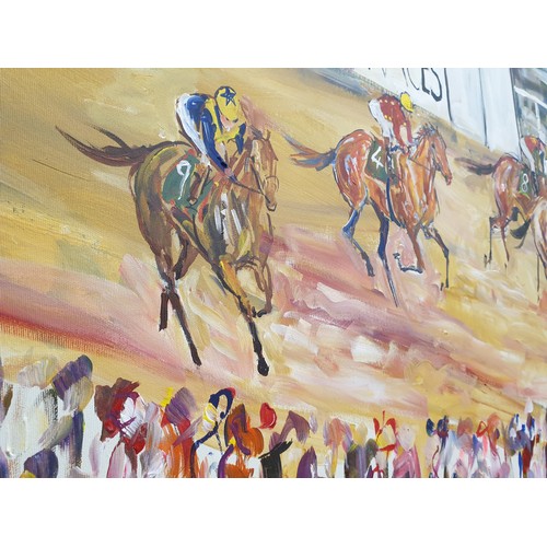 726 - Large Jaqueline Jones Oil on Canvas Layton Races 150cm wide x 125cm high